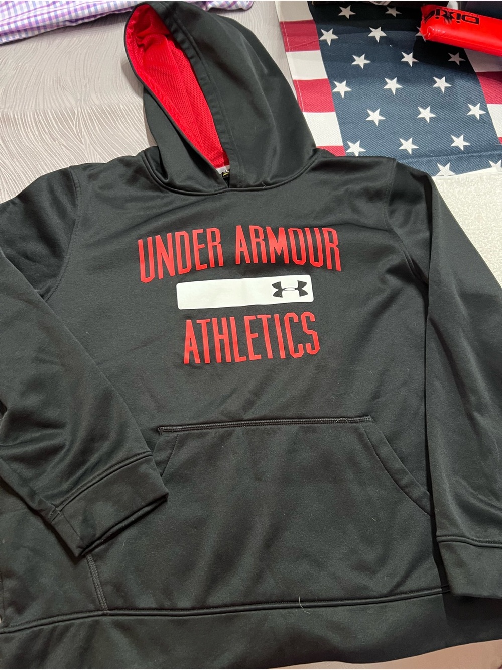 Under Armour Youth L YLG Black Red Athletics Pullover Hoodie Loose Fit
